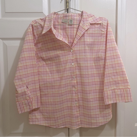 L.L. Bean Tops - L.L. Bean Women's Pink & Yellow Plaid Shirt 3/4 Sleeves Stretch Size Large